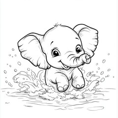 Fototapeta premium Adorable cartoon baby elephant splashing in water.