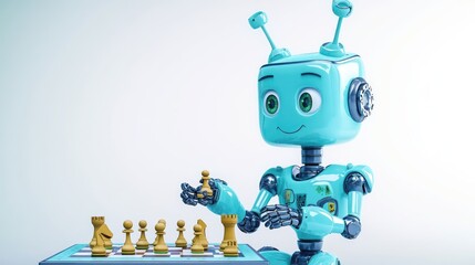 Naklejka premium A cheerful robot playing chess with wooden pieces.