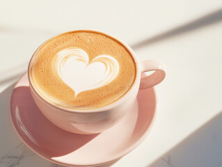close up of cappuccino with heart shaped latte art in pink cup