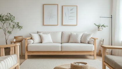 Fototapeta premium Modern Minimalist Living Room Beige Sofa Wooden Frame Decor