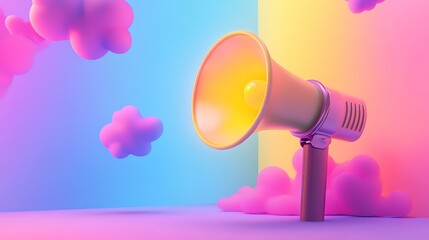 A creative 3D concept of a megaphone projecting a speech bubble with unique textures and lighting effects on a colorful backdrop