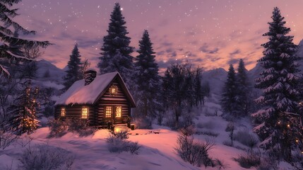 A cozy wooden cabin surrounded by snow-covered trees under a twilight sky with soft glowing lights