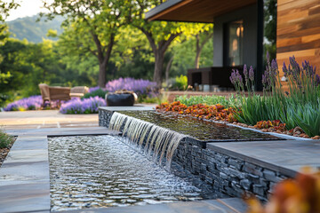 Modern backyard water feature with cascading water and landscaping