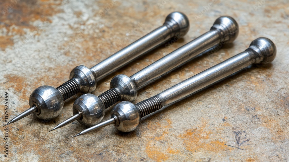 Poster three sleek metal precision tools with spherical ends and sharp points on a rustic background for cr