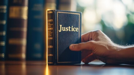 Hand Reaching for a Leather-Bound Book Titled Justice on a Desk Surrounded by Law Books in an Elegant Library Setting