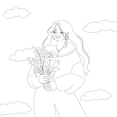 Outline drawing of a charming young woman with a bouquet of flowers. Coloring page, vector.