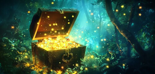 A glowing radiant treasure chest emitting vibrant beams of light and colorful stars