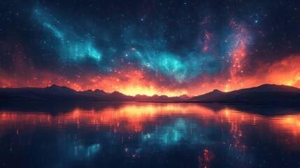 Obraz premium Vibrant nebula reflected in a calm lake at night.