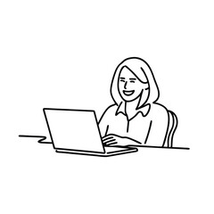 Woman smiles brightly while working on her laptop, showcasing a moment of joy and productivity continuous line art.