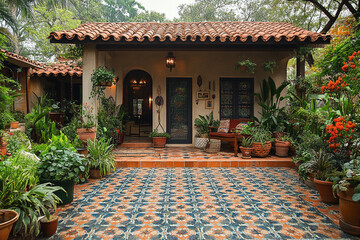 Mediterranean Style Home Exterior With Lush Garden