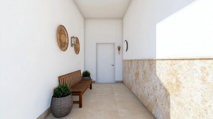 A serene hallway with a bench and decorative elements.