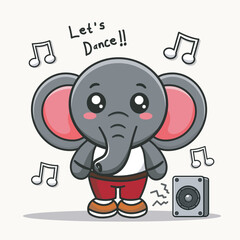 Cute elephant character encouraging a fun dance party with music notes and speaker background