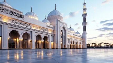 Fototapeta premium Majestic mosque exterior at dawn with domes and minaret.