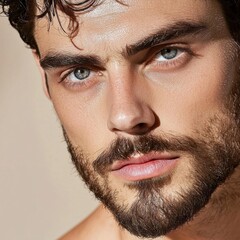 Obraz premium Confident man with beard and clear skin studio portrait lifestyle neutral background close-up personal branding
