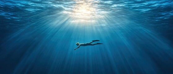 Serene Underwater Scene with a Swimmer Dancing Through Sunlit Ocean Waters and Radiant Rays of Light