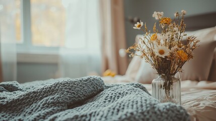 A serene room with blossoms on a sleeping area and daylight coming through an opening