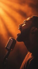 Dynamic Male Vocalist Singing Passionately into Retro Microphone with Dramatic Lighting and Intense Expression