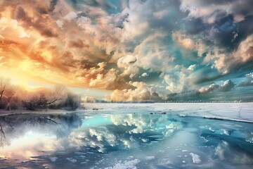 Fototapeta premium Beautiful winter landscape with snow covered road and cloudy sky at sunset