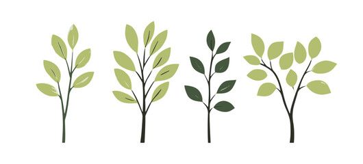 Set of tree and leaf collection hand drawn flat design vector element. botanical set of bare trees and ones with leaves and lush green