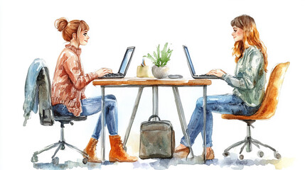 机に座り仕事をする若い女性のイラスト素材