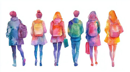 カラフルな水彩イラスト_若い人々の全身デザイン