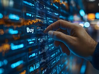 Fototapeta premium Finger tapping Buy button on a trading app accessible finance and business concept