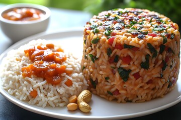 Delicious spiced rice dish with side of plain rice and chutney.