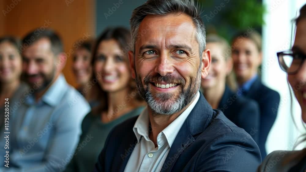 Poster engaging expressions of participants during a conference session in a modern setting