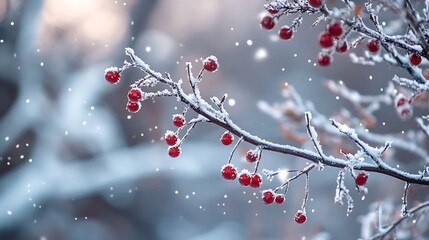 Snowflake winter wallpaper with a bright frosty background of snow-covered branches and copy space to place holiday greetings