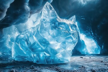 intricate polygonal ice cat sculpture nestled in a glacial cave reflecting shimmering icy textures and deep blue hues with ambient light casting enchanting shadows creating a mystical atmosphere