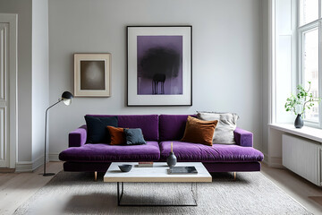 Stylish living room with a purple sofa and a minimalist coffee table