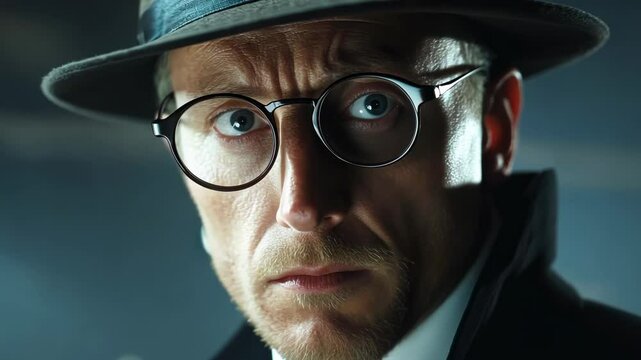 Intense detective pursues clues in a dimly lit underworld setting.