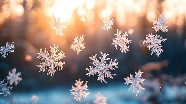 Winter wonderland snowflakes floating above a frosty forest with copy space in the lower half for adding text
