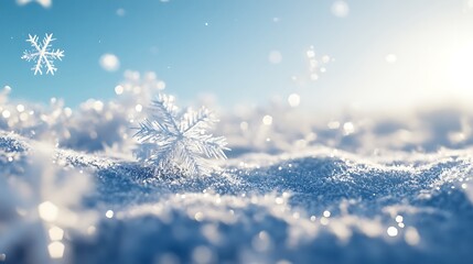 Snow-covered ground with delicate snowflakes floating through a clear sky featuring ample copy space for holiday messages