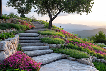 Stone Steps Ascending A Hillside Garden Landscape