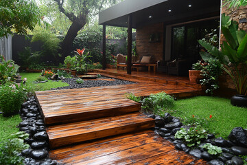 Tranquil Backyard Oasis Wooden Deck Landscaping Design