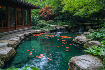 Serene Garden Pond With Floating Petals Near House