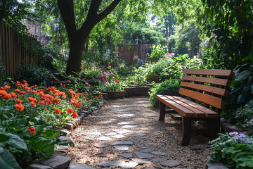 Serene Garden Path With Wooden Bench And Flowers