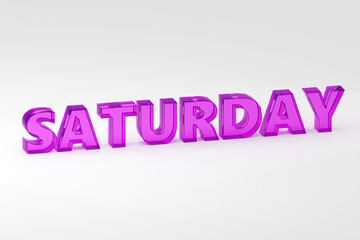Inscription made by purple glass Saturday on grey podium, soft light, smooth background, 3d rendering