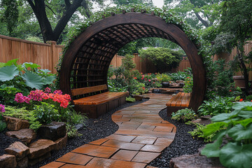 Serene Garden Pathway Archway With Benches