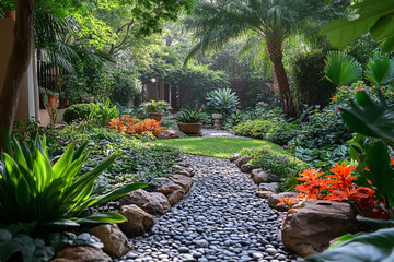 Serene Garden Path With Lush Tropical Plants
