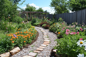 A winding stone path through a vibrant flower garden