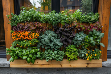 Vibrant Vertical Garden Featuring Diverse Herbs and Flowers