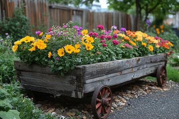 Colorful Flowers Planted In Rustic Wooden Wheelbarrow
