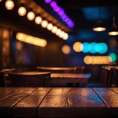 Obraz premium A close-up shot of a wooden table with a blurred bokeh background, featuring neon lights and a dark interior setting,