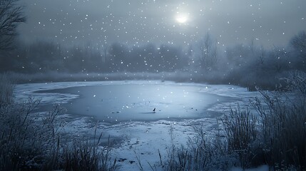 Calm and frosty winter scene with snowflakes drifting above a frozen lake and room for text in the center