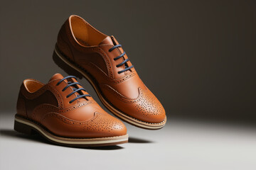 Elevated Elegance, A Pair of Classic Brown Leather Wingtip Brogues with Blue Laces, Perfectly Poised in a Stylish Studio Still Life,