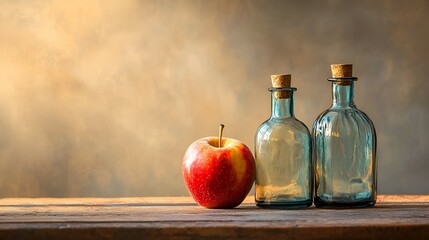 Rustic Still Life: Apple and Teal Glass Bottles in Warm Light