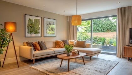 Fototapeta premium Modern Beige Sectional Sofa Living Room Interior Design