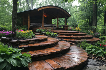 Rain drenched stone steps leading to a wooded gazebo